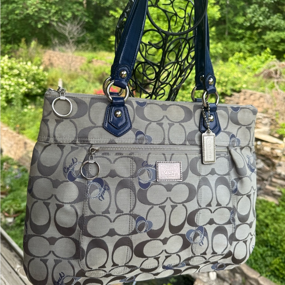 Coach Poppy Signature Tote Bag Grey Blue Monogram Jacquard Shoulder Bag